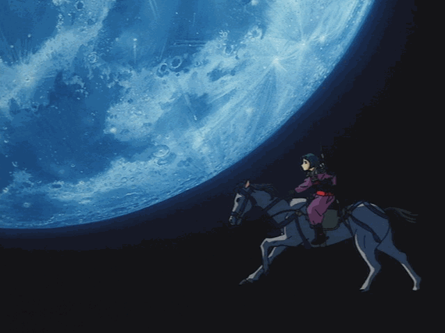 .gif of rider on a horse chasing the moon from the end credits of the anime Gasaraki.