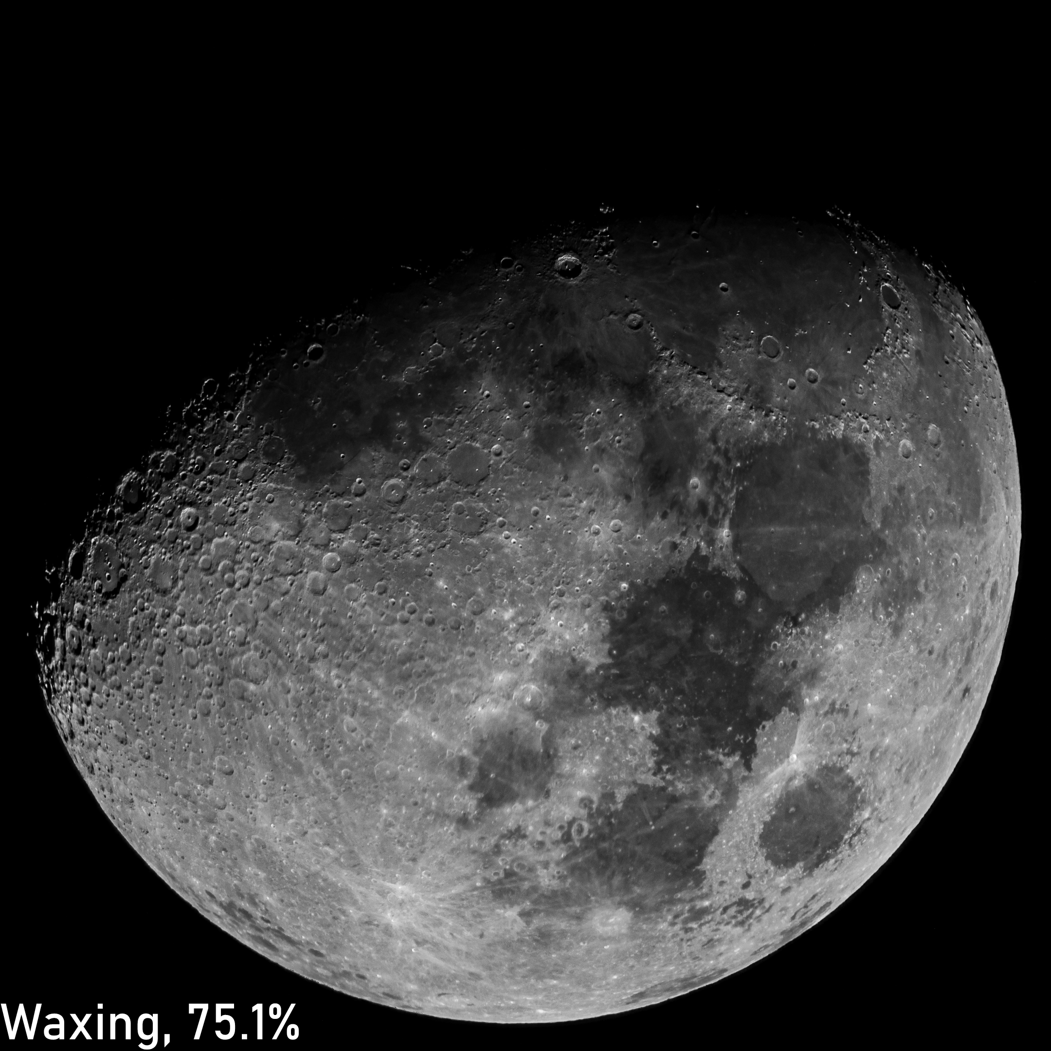 Moon waxing, 75.1%. Shot on Nikon D850 with Nikon AI-S Nikkor 800mm F/5.6 IF-ED with Nikon TC-301 2x teleconverter.